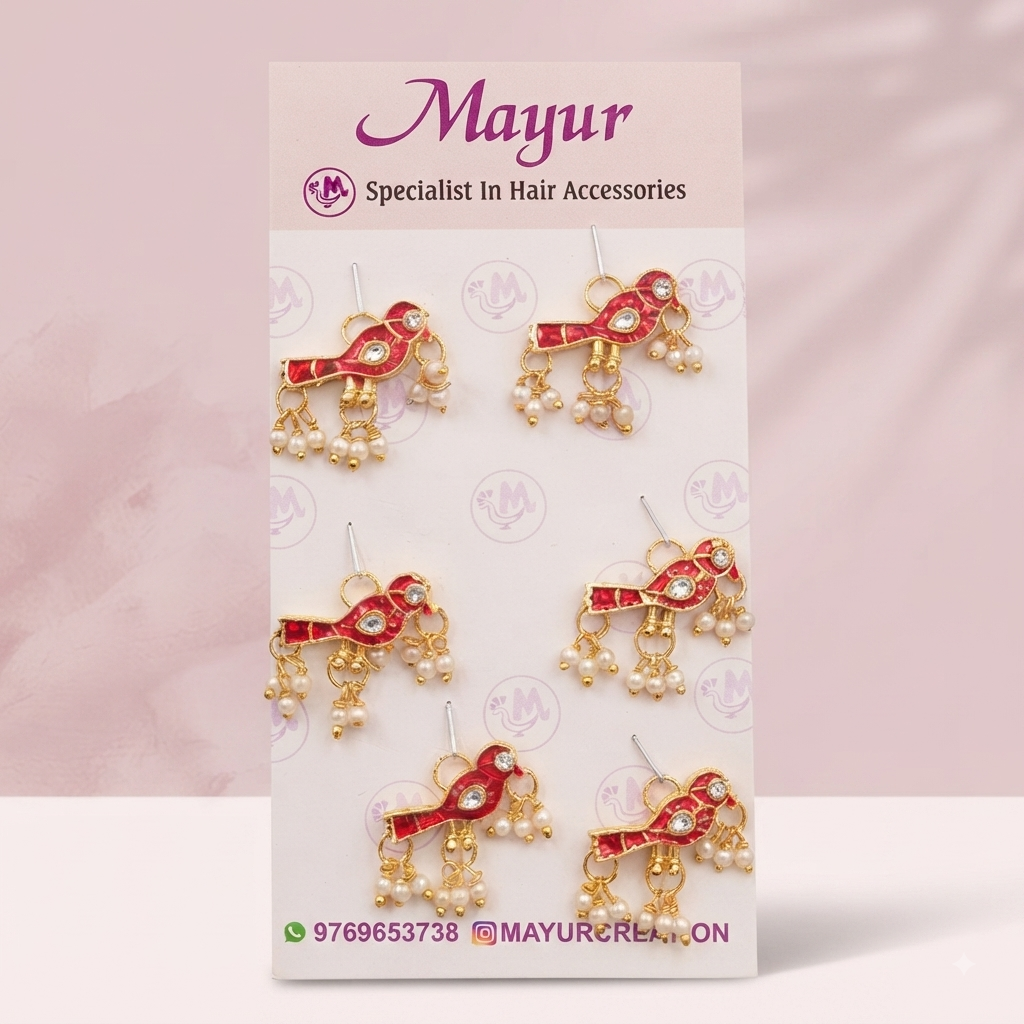 Designer Pink Bird Enamel & Pearl Hair Accessory Pins (Set of 6)