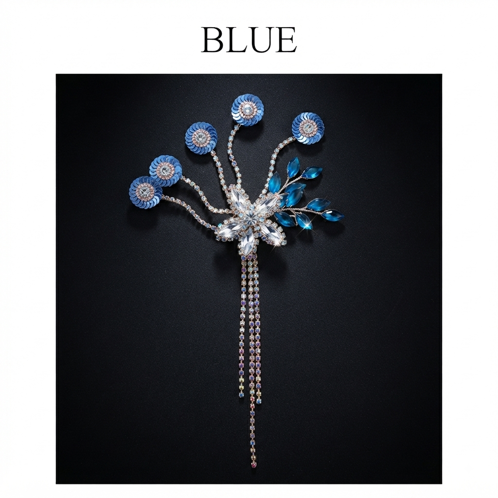 Central crystal flower cluster, cascading rhinestone fringe, hair accessories