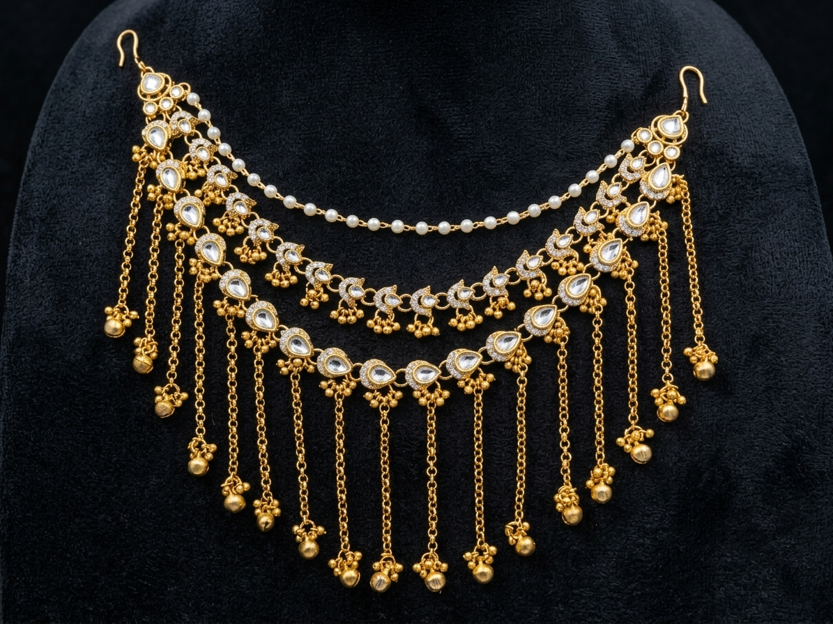Royal Waterfall Kundan & Antique Gold Multichain Bridal Hair Drape no.1