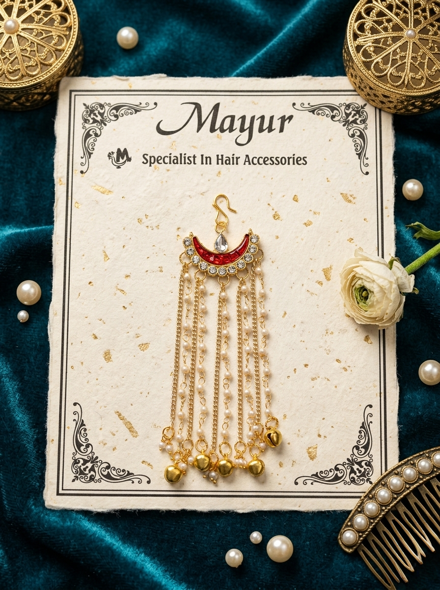 Mayur Crescent Pearl & Ghungroo Cascade Hair Brooch (Multi-Style Hair Hanging)