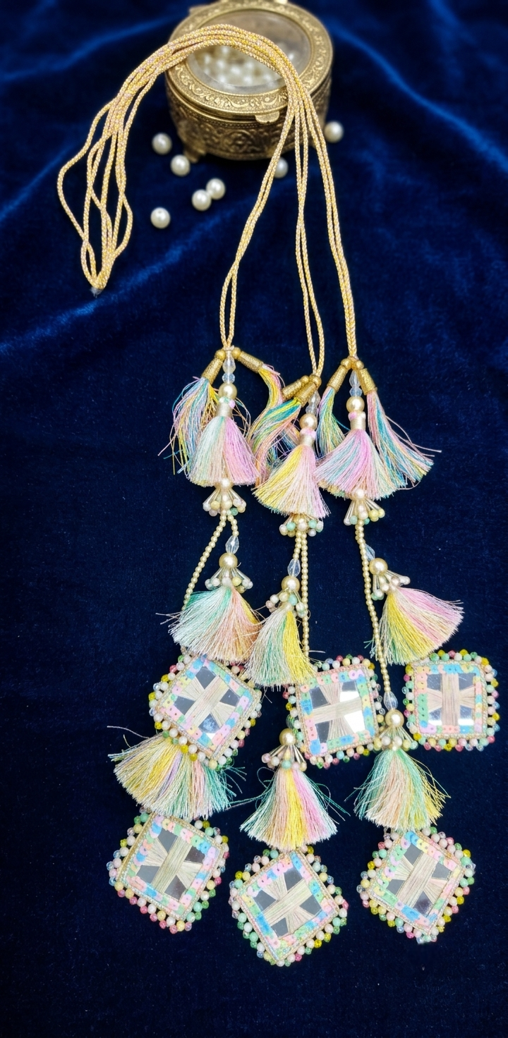 Pastel Dream: Handcrafted Multi-Color Mirror & Silk Tassel Bridal Parandi (Choti Latkan)