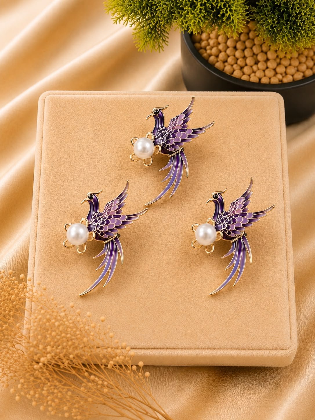 Majestic Phoenix Pearl Hair Brooch & Open Hairstyle Pin Set (Pack of 3)