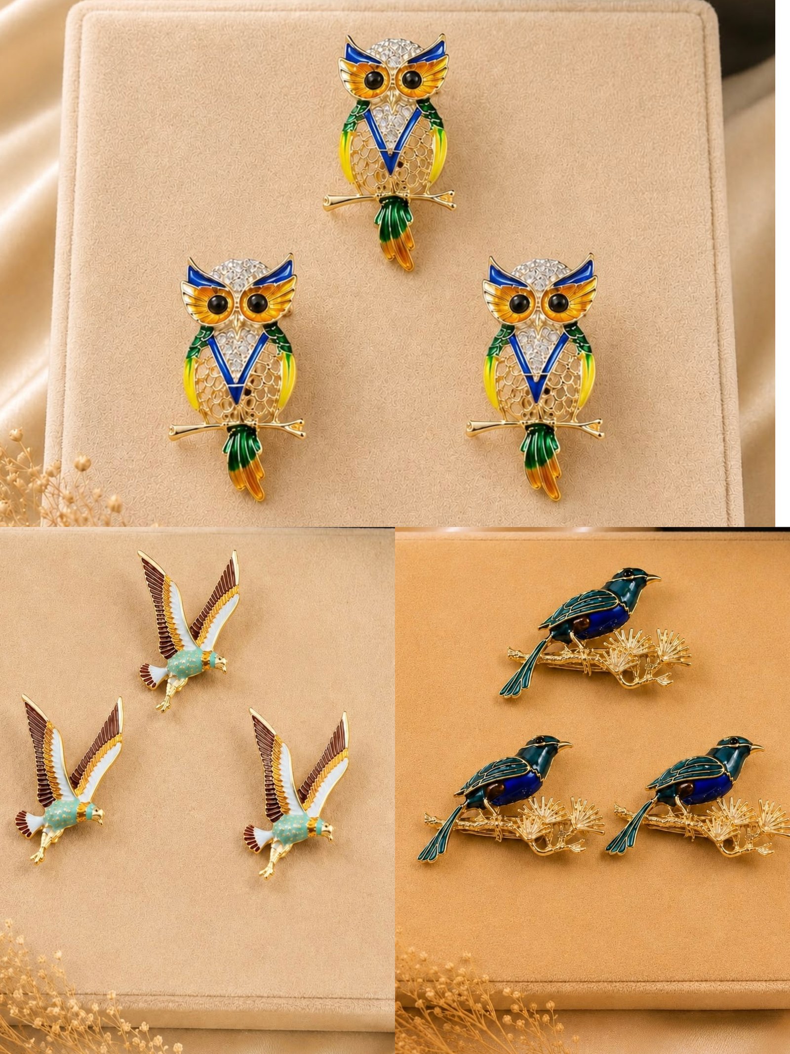 Wise Owl & Songbird Crystal Hair Brooch & Open Hairstyle Pin Collection (Assorted Set)