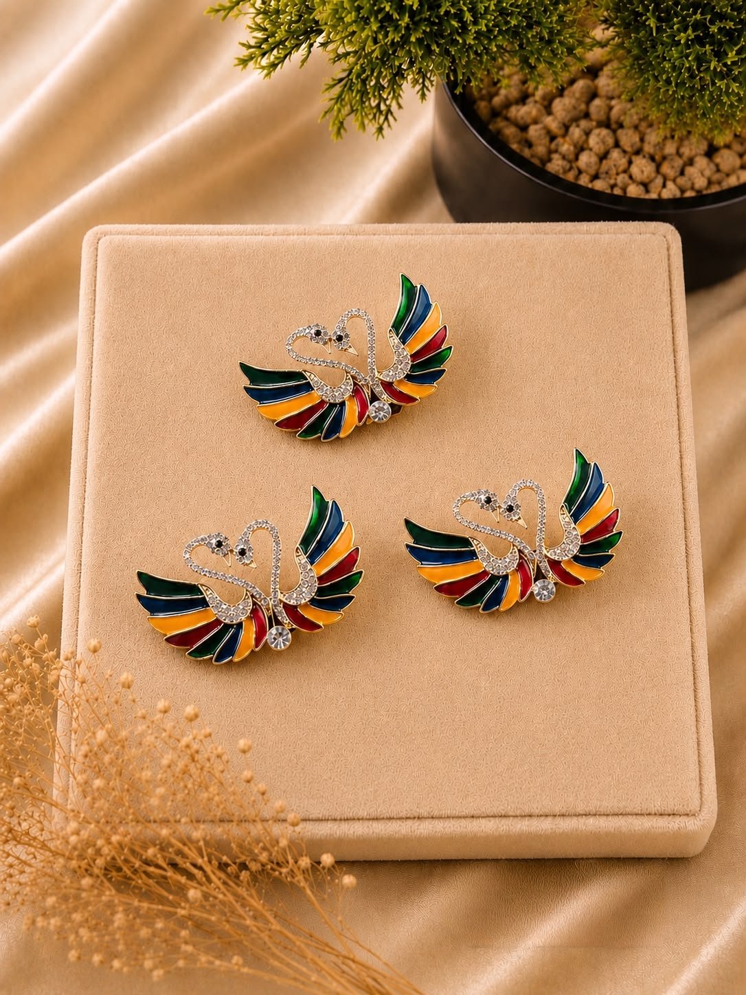 Enchanted Twin Swan Crystal Hair Brooch & Open Hairstyle Pin Set (Pack of 3)