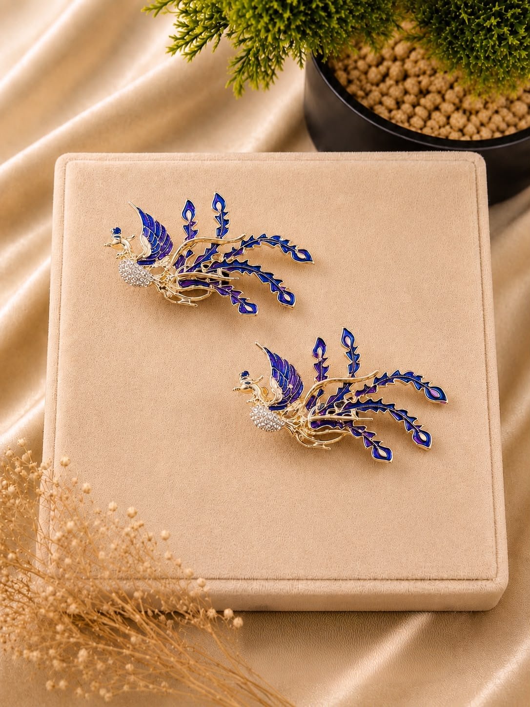 Royal Peacock Feather Crystal Hair Brooch & Open Hairstyle Pin