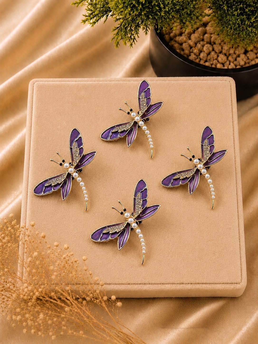 Regal Pearl-Spiked Dragonfly Hair Brooch & Open Hairstyle Pin Set (Pack of 4)